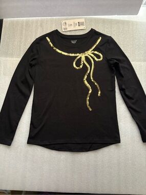 wonder nation Black Long Sleeve Top with Gold Sequin Bow Accent